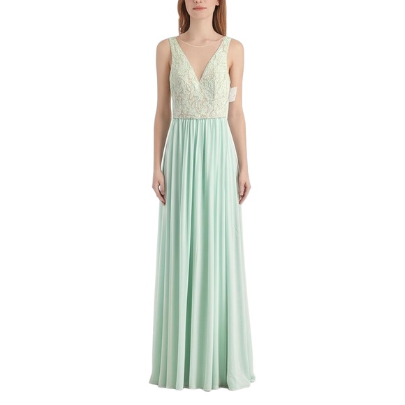 David's Bridal Bridesmaid Dress Size 2 Mint Green Lace V-Neck Slit Maxi  Formal